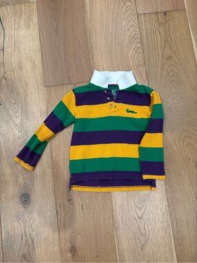 Boys Mardi Gras Striped Long-Sleeve Rugby Polo in Green, Yellow & Purple